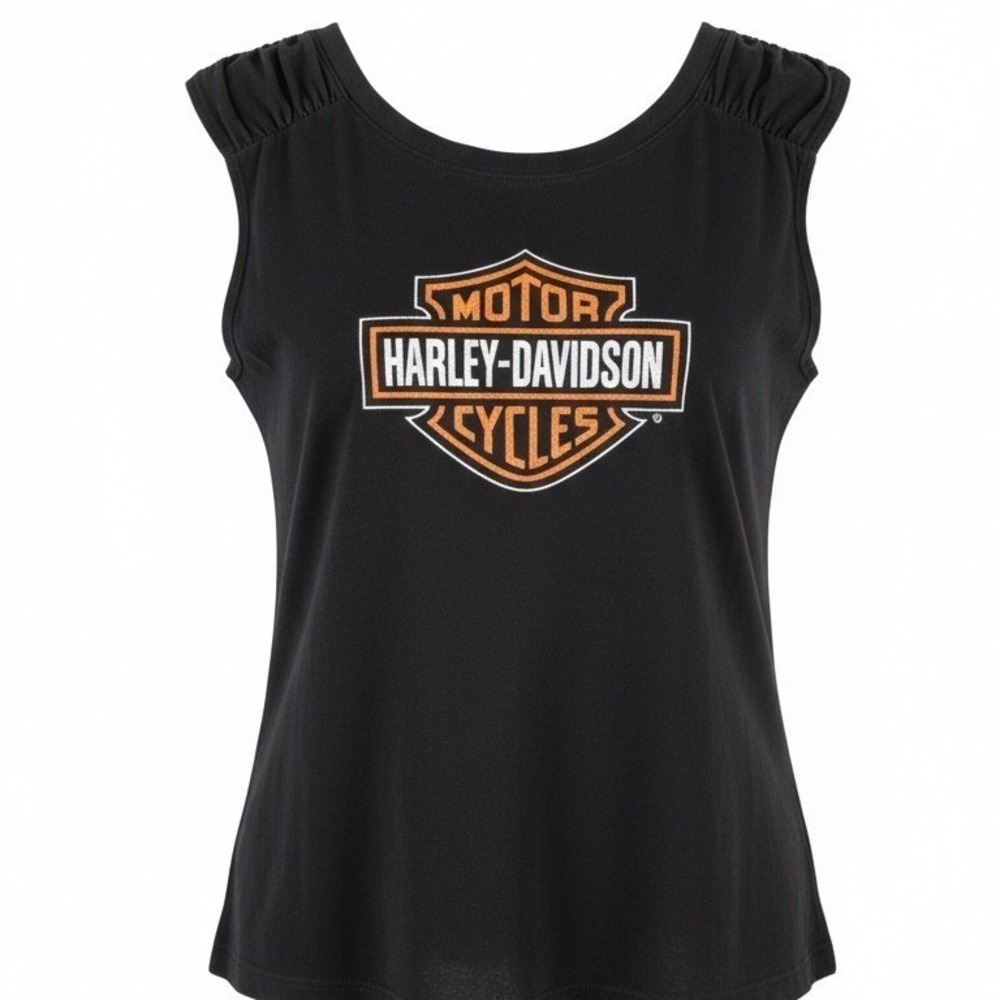 Harley-Davidson Womens L Kokomo Indiana Ruched Shoulder Tank Top Black 2008 - Picture 3 of 11